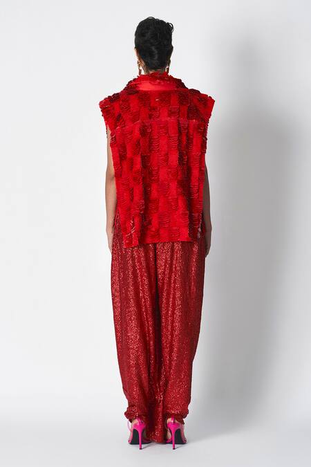 Shop 431-88 By Shweta Kapur Red Cotton Beads Open Neck String Embroidered Jacket at Aza Fashions Shop_431-88 By Shweta Kapur_Red Cotton Beads Open Neck String Embroidered Jacket _at_Aza_Fashions