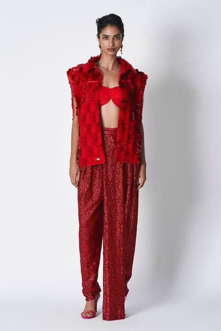 431-88 By Shweta Kapur Red Cotton Beads Open Neck String Embroidered Jacket Online at Aza Fashions 431-88 By Shweta Kapur_Red Cotton Beads Open Neck String Embroidered Jacket _Online_at_Aza_Fashions