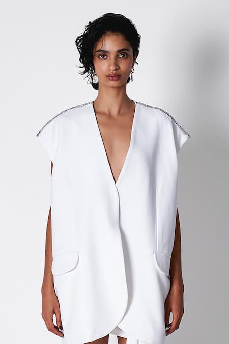 431-88 By Shweta Kapur White Crepe V-neck Jay Oversized V Waistcoat 