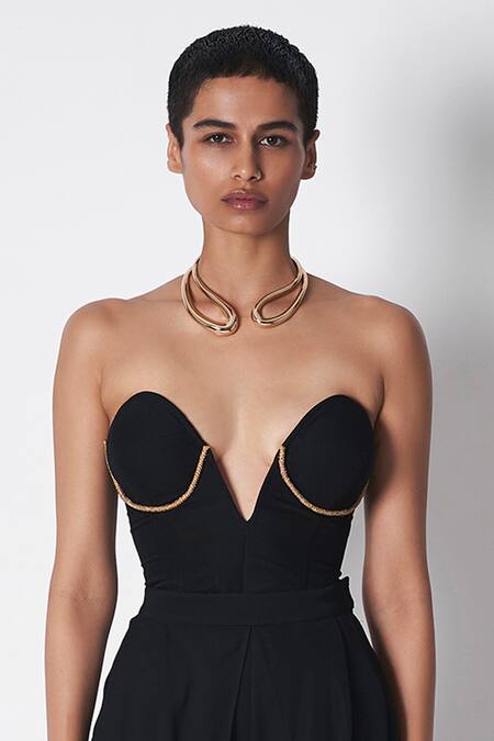 431-88 By Shweta Kapur Black Microfiber Chains V-neck Karina Embellished Corset 
