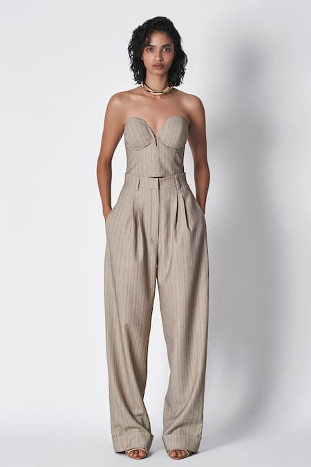 431-88 By Shweta Kapur Grey Suede Plunge , Sweetheart Stripe Pattern Malla Corset 