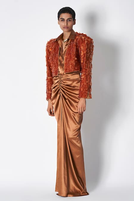 431-88 By Shweta Kapur Brown Cotton, Twill Sequins Open Neck Embroidered Structured Jacket