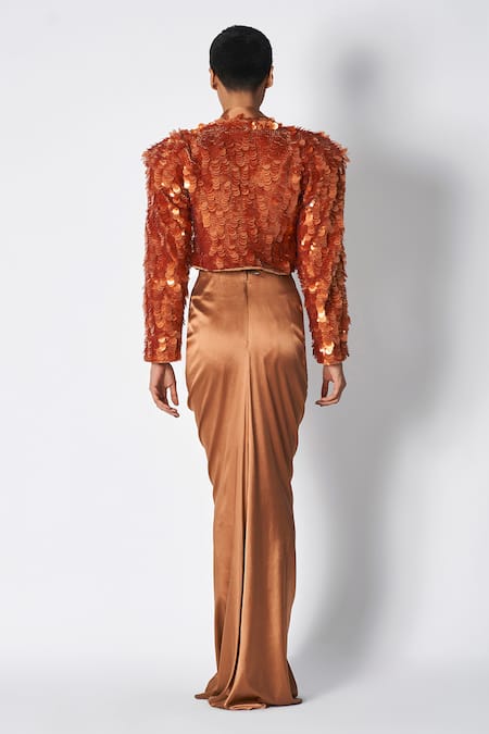 Shop 431-88 By Shweta Kapur Brown Cotton, Twill Sequins Open Neck Embroidered Structured Jacket at Aza Fashions Shop_431-88 By Shweta Kapur_Brown Cotton, Twill Sequins Open Neck Embroidered Structured Jacket _at_Aza_Fashions