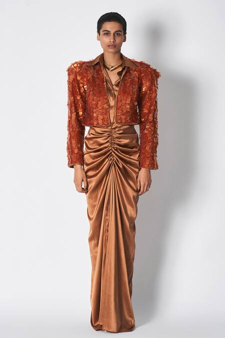 431-88 By Shweta Kapur Brown Cotton, Twill Sequins Open Neck Embroidered Structured Jacket Online at Aza Fashions 431-88 By Shweta Kapur_Brown Cotton, Twill Sequins Open Neck Embroidered Structured Jacket _Online_at_Aza_Fashions