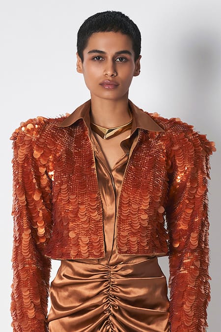 Buy 431-88 By Shweta Kapur Brown Cotton, Twill Sequins Open Neck Embroidered Structured Jacket Online at Aza Fashions Buy_431-88 By Shweta Kapur_Brown Cotton, Twill Sequins Open Neck Embroidered Structured Jacket _Online_at_Aza_Fashions