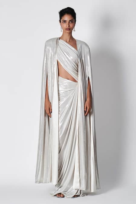 431-88 By Shweta Kapur White Long Slit Sleeve Rea Cape 