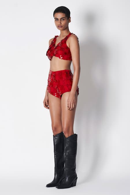 Buy 431-88 By Shweta Kapur Red Cotton Sequins Embroidered Sequa Shorts Online at Aza Fashions Buy_431-88 By Shweta Kapur_Red Cotton Sequins Embroidered Sequa Shorts _Online_at_Aza_Fashions