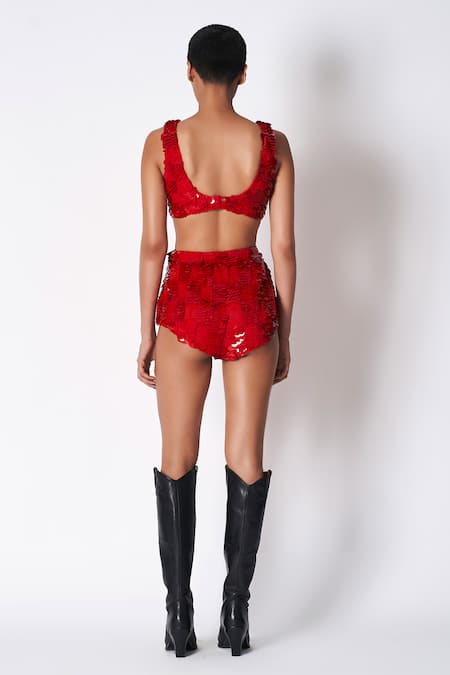 Shop 431-88 By Shweta Kapur Red Cotton Sequins Embroidered Sequa Shorts at Aza Fashions Shop_431-88 By Shweta Kapur_Red Cotton Sequins Embroidered Sequa Shorts _at_Aza_Fashions