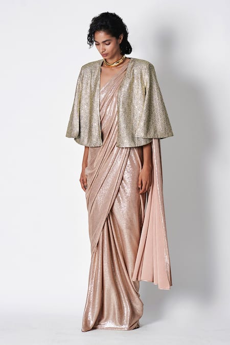 431-88 by Shweta Kapur Rose Gold Jersey Metallic Knitted Shea Sari 