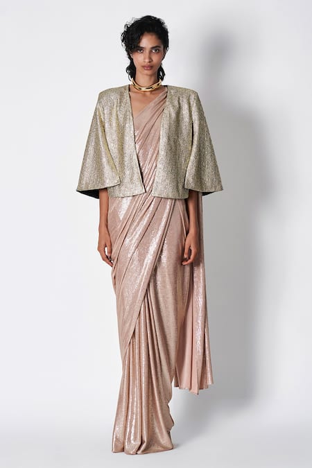 431-88 By Shweta Kapur Rose Gold Jersey Metallic Knitted Shea Sari Online at Aza Fashions 431-88 By Shweta Kapur_Rose Gold Jersey Metallic Knitted Shea Sari _Online_at_Aza_Fashions
