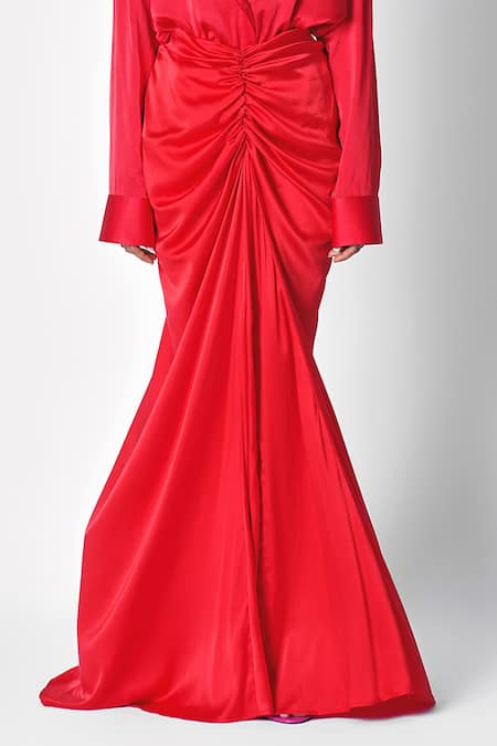 431-88 By Shweta Kapur_Red Silk Gathered Centre Soho Skirt _Online_at_Aza_Fashions