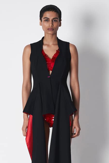 431-88 By Shweta Kapur_Red Microfiber Side Panel Tanya Blazer _Online_at_Aza_Fashions