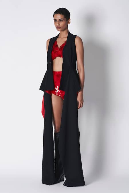 Shop_431-88 By Shweta Kapur_Red Microfiber Side Panel Tanya Blazer _Online_at_Aza_Fashions