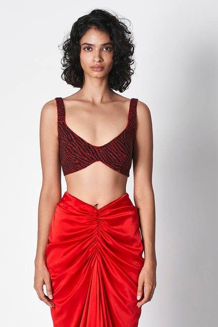 431-88 By Shweta Kapur Red Beads Hand Embroidered Tea Blouse 