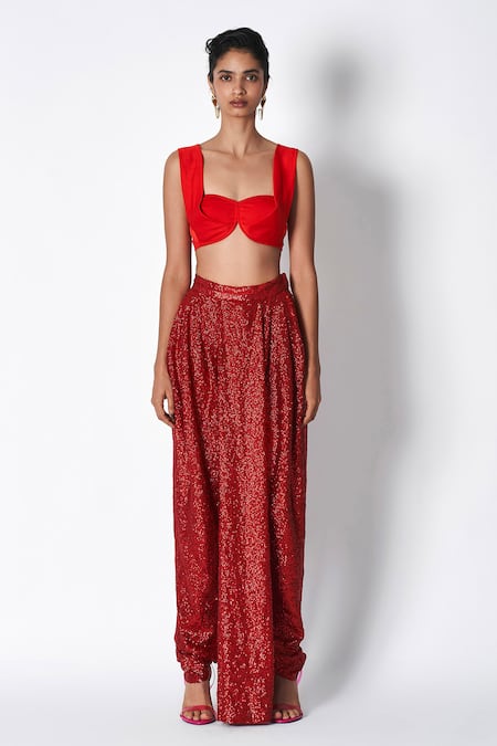 431-88 By Shweta Kapur_Red Sequins Shimmer Draped Vg Dhoti _Online_at_Aza_Fashions