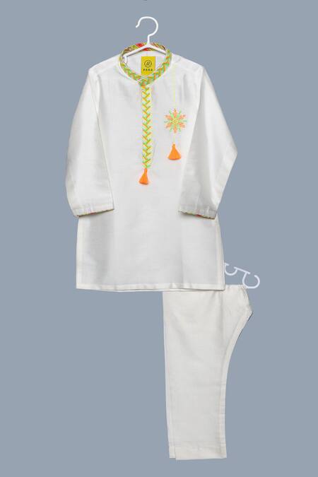 Para White Spun Silk Placement Embroidery Zig Zag Placket Kurta With Pant 