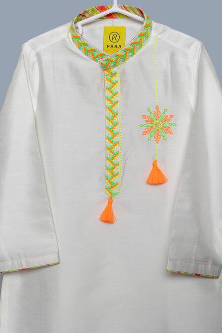 Para_White Spun Silk Placement Embroidery Zig Zag Placket Kurta With Pant_Online_at_Aza_Fashions