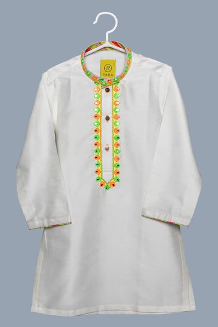 Para_White Spun Silk Placement Embroidery Floral Placket Kurta With Pant_Online_at_Aza_Fashions