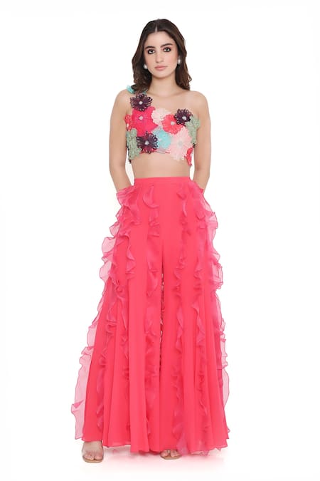 Payal Singhal_Coral Georgette Embroidered 3d Asymmetric Choli With Sharara _Online_at_Aza_Fashions