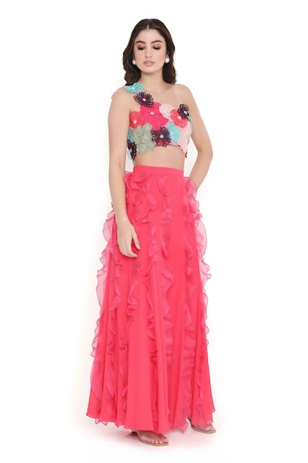 Buy_Payal Singhal_Coral Georgette Embroidered 3d Asymmetric Choli With Sharara _Online_at_Aza_Fashions