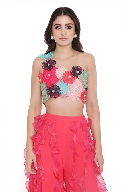 Payal Singhal_Coral Georgette Embroidered 3d Asymmetric Choli With Sharara _at_Aza_Fashions