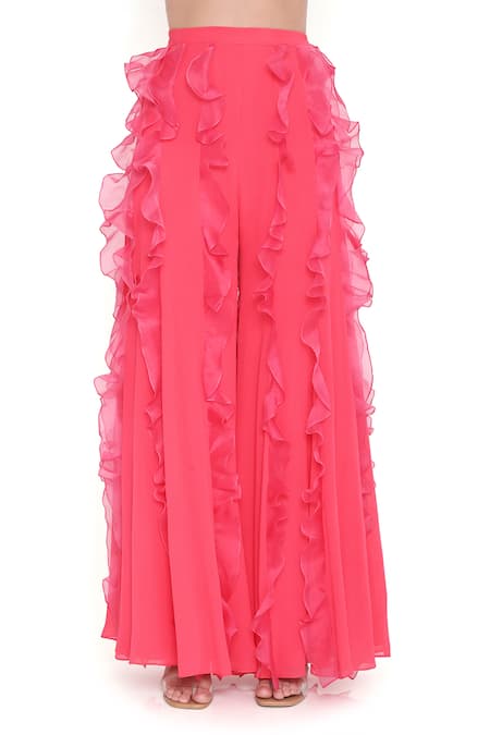 Buy_Payal Singhal_Coral Georgette Embroidered 3d Asymmetric Choli With Sharara 