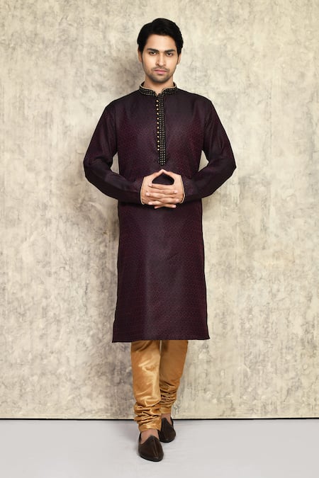 Arihant Rai Sinha Wine Cotton, Silk Woven Embroidered Placket Kurta And Churidar Set 
