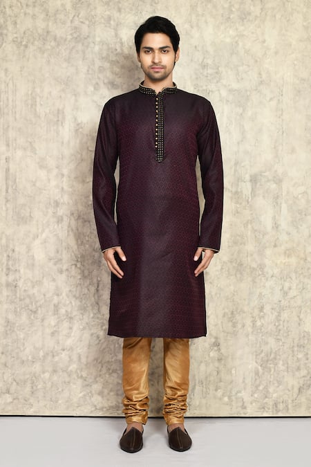 Buy_Arihant Rai Sinha_Wine Cotton, Silk Woven Embroidered Placket Kurta And Churidar Set _Online_at_Aza_Fashions