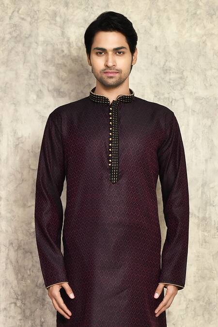 Shop_Arihant Rai Sinha_Wine Cotton, Silk Woven Embroidered Placket Kurta And Churidar Set _Online_at_Aza_Fashions
