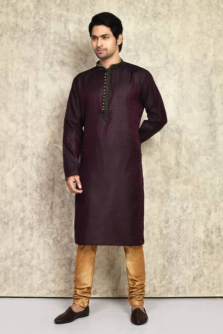 Arihant Rai Sinha_Wine Cotton, Silk Woven Embroidered Placket Kurta And Churidar Set _at_Aza_Fashions