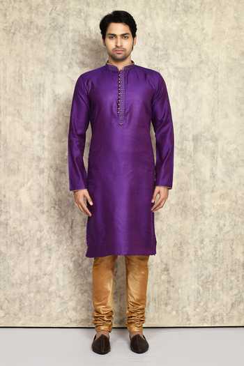 Buy_Arihant Rai Sinha_Purple Cotton, Silk Embroidery Woven Kurta And Churidar Set_Online_at_Aza_Fashions