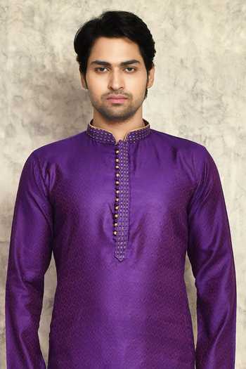 Shop_Arihant Rai Sinha_Purple Cotton, Silk Embroidery Woven Kurta And Churidar Set_Online_at_Aza_Fashions