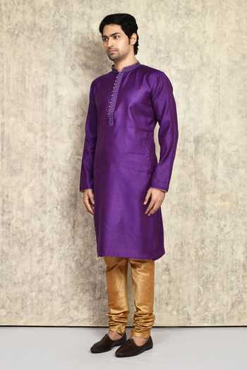 Arihant Rai Sinha_Purple Cotton, Silk Embroidery Woven Kurta And Churidar Set_at_Aza_Fashions