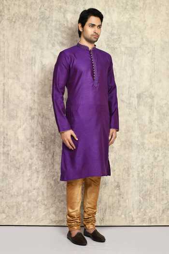 Buy_Arihant Rai Sinha_Purple Cotton, Silk Embroidery Woven Kurta And Churidar Set