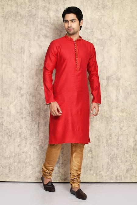Arihant Rai Sinha Red Cotton, Silk Embroidery Placket Kurta And Churidar Set 