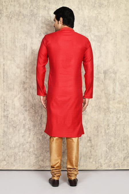 Shop_Arihant Rai Sinha_Red Cotton, Silk Embroidery Placket Kurta And Churidar Set _at_Aza_Fashions