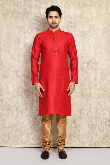 Buy_Arihant Rai Sinha_Red Cotton, Silk Embroidery Placket Kurta And Churidar Set _Online_at_Aza_Fashions