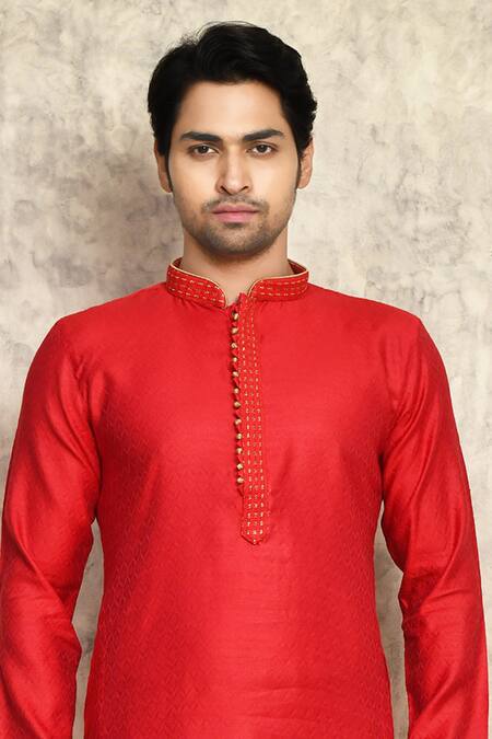 Shop_Arihant Rai Sinha_Red Cotton, Silk Embroidery Placket Kurta And Churidar Set _Online_at_Aza_Fashions