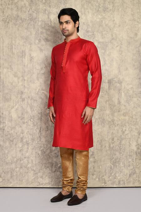 Arihant Rai Sinha_Red Cotton, Silk Embroidery Placket Kurta And Churidar Set _at_Aza_Fashions