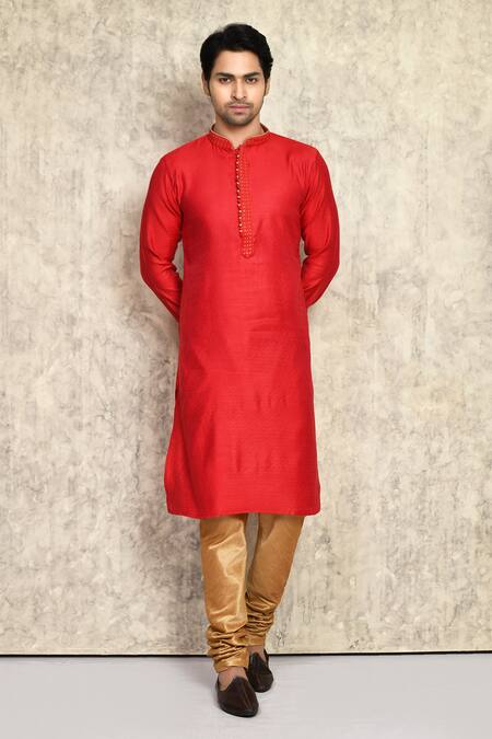 Buy_Arihant Rai Sinha_Red Cotton, Silk Embroidery Placket Kurta And Churidar Set 