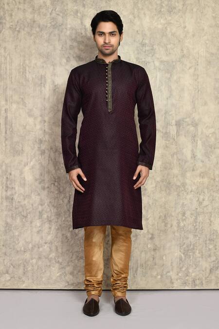 Buy_Arihant Rai Sinha_Wine Cotton, Silk Woven Kurta And Churidar Set _Online_at_Aza_Fashions