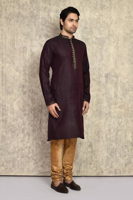 Arihant Rai Sinha_Wine Cotton, Silk Woven Kurta And Churidar Set _at_Aza_Fashions