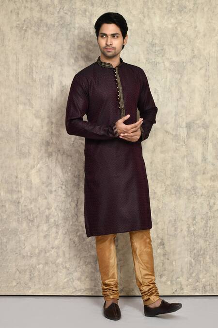 Buy_Arihant Rai Sinha_Wine Cotton, Silk Woven Kurta And Churidar Set 