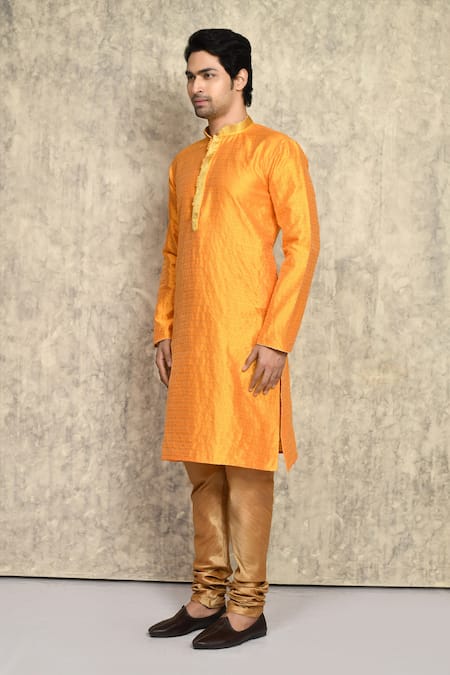 Shop_Arihant Rai Sinha_Yellow Silk Straight Woven Kurta And Churidar Set _Online_at_Aza_Fashions