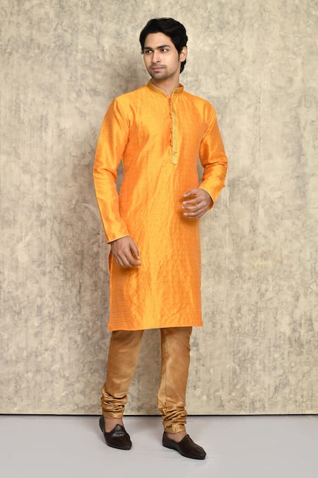 Buy_Arihant Rai Sinha_Yellow Silk Straight Woven Kurta And Churidar Set 