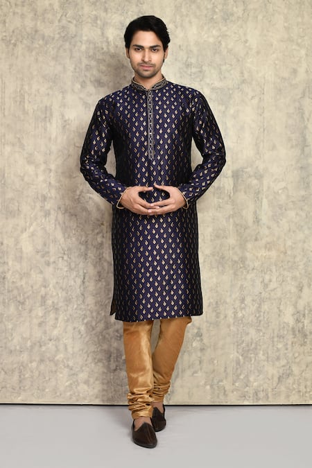 Buy_Arihant Rai Sinha_Blue Chanderi , Embroidery Placket Kurta With Churidar _at_Aza_Fashions