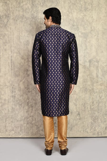 Shop_Arihant Rai Sinha_Blue Chanderi , Embroidery Placket Kurta With Churidar _at_Aza_Fashions