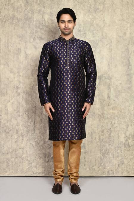 Shop_Arihant Rai Sinha_Blue Chanderi , Embroidery Placket Kurta With Churidar _Online_at_Aza_Fashions
