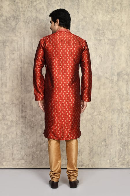 Shop_Arihant Rai Sinha_Red Silk, Chanderi Embroidery Straight Kurta And Churidar Set _at_Aza_Fashions