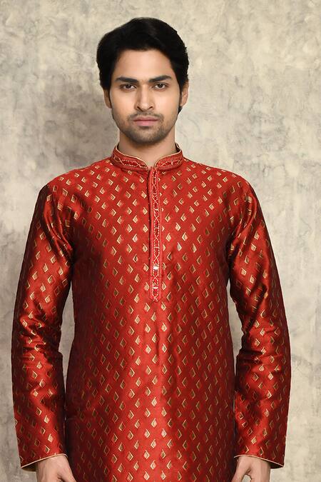 Buy Arihant Rai Sinha Red Silk, Chanderi Embroidery Straight Kurta And Churidar Set Online at Aza Fashions Buy_Arihant Rai Sinha_Red Silk, Chanderi Embroidery Straight Kurta And Churidar Set _Online_at_Aza_Fashions